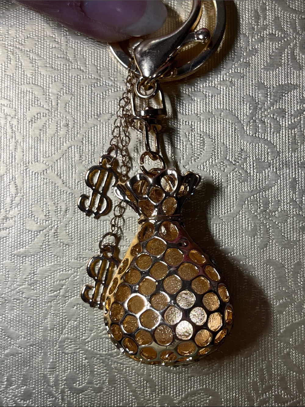 Gold-Tone Crystal Money Bag Keychain with Dollar Sign Charm - Picture 2 of 2
